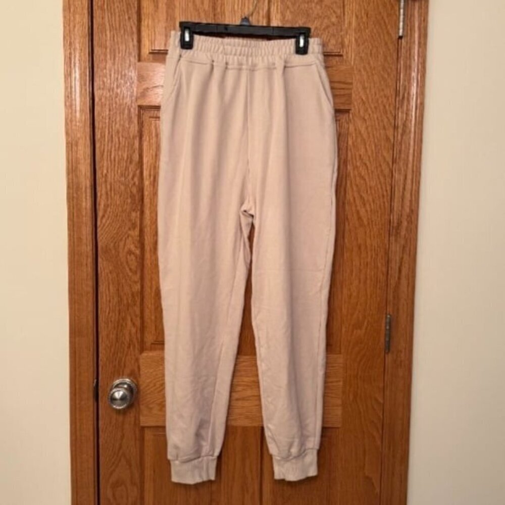 Yovela Women's Beige High Waisted Jogger Sweatpants Size M Casual